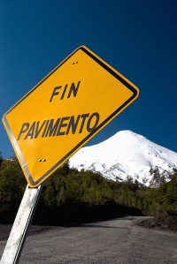 Fin Paviment (end of pavement) sign on Osorno Volcano, Lake Llanquihue, Lake District, Chile