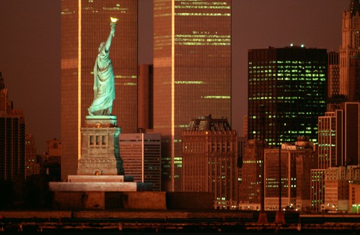 Statue of Liberty and The World Trade Center at dusk, New York, NY